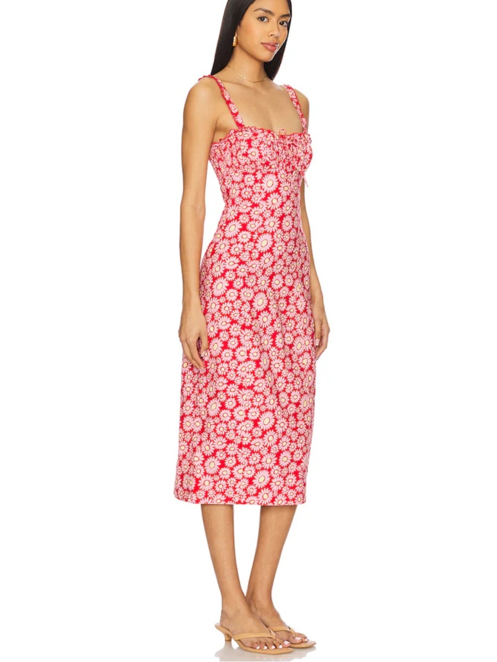 🍅🌼FREE PEOPLE Lucinda Midi Sundress Tomato Daisy Bright Red Floral Lace-Up XL - Picture 9 of 16